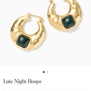 Gold Hoop Earrings with Dark Green Stone